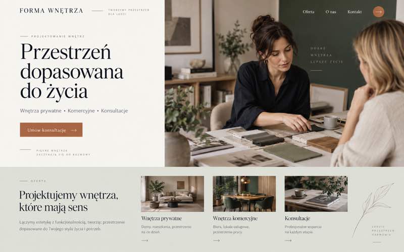 Koncepcja strony projektanta wnętrz — spokojny styl osobistego eksperta