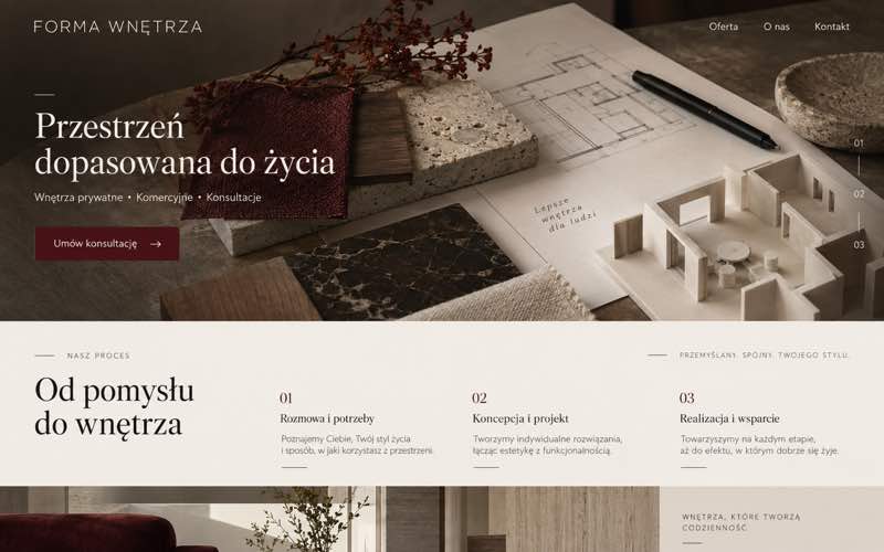 Koncepcja strony projektanta wnętrz — dokumentalny styl procesu i pracy