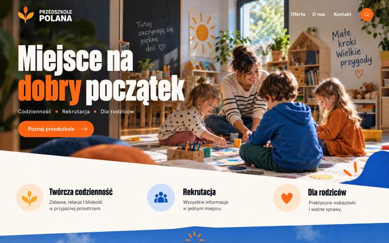 Przykładowy projekt strony przedszkola — wyrazisty kierunek lidera kategorii