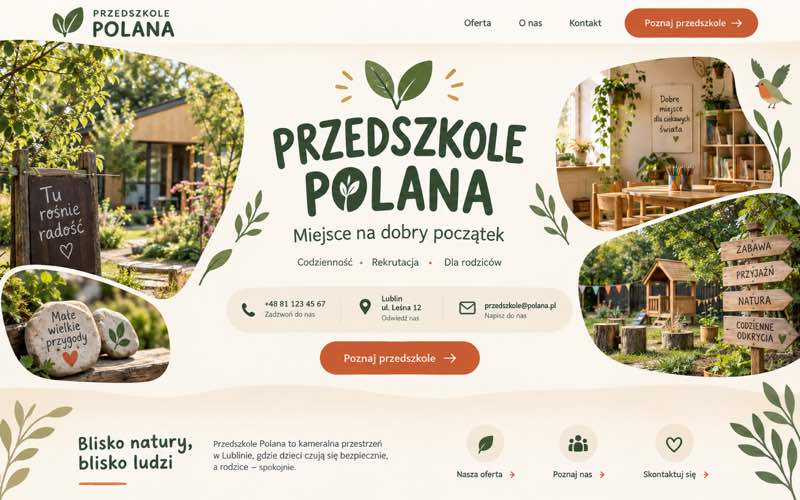Przykładowy projekt strony przedszkola — ciepły lokalny kierunek