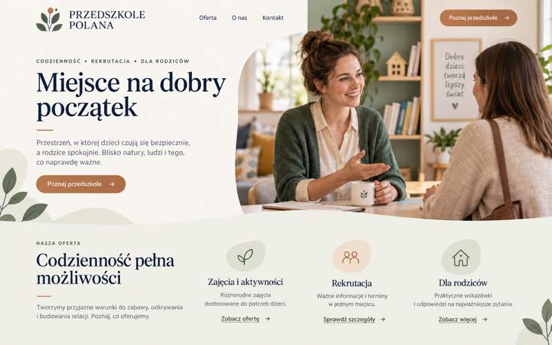 Koncepcja strony przedszkola — spokojny styl osobistego eksperta