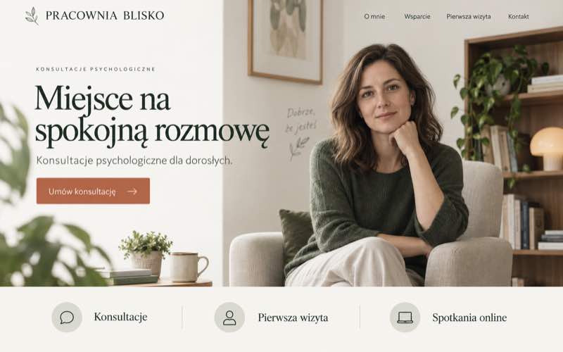 Przykładowy projekt strony psychologa w spokojnym stylu editorial