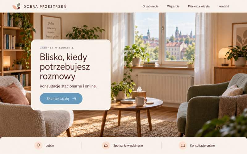 Przykładowy projekt lokalnej strony gabinetu psychologicznego w ciepłym stylu