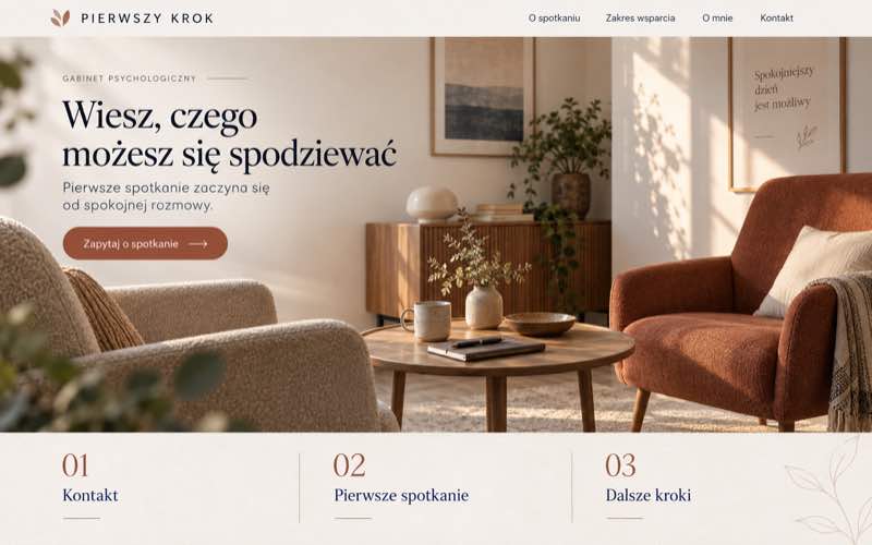 Koncepcja strony psychologa pokazująca etapy pierwszej wizyty