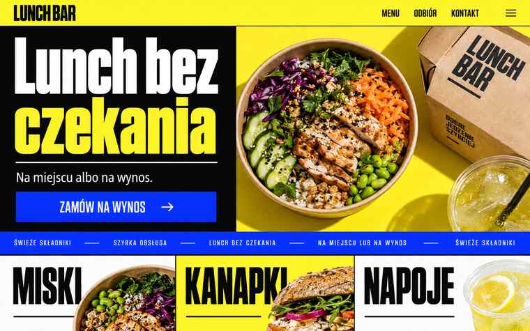 Koncepcja strony nowoczesnego lunch baru w odważnym stylu typograficznym