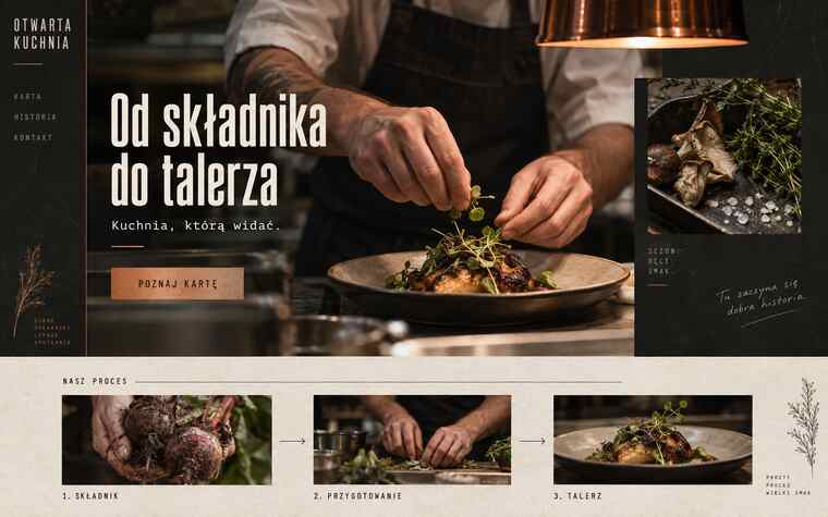 Koncepcja strony restauracji z otwartą kuchnią w rzemieślniczym stylu