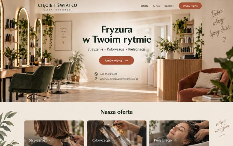 Przykładowy projekt strony salonu fryzjerskiego — ciepły lokalny kierunek