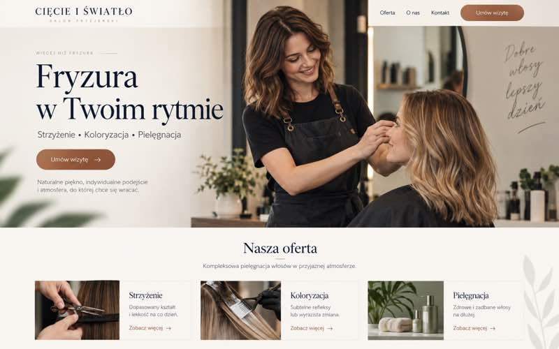 Koncepcja strony salonu fryzjerskiego — spokojny styl osobistego eksperta