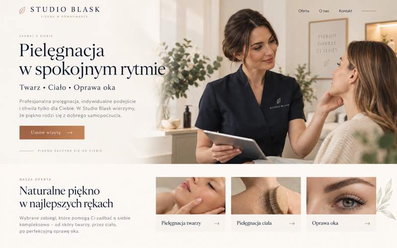 Koncepcja strony salonu kosmetycznego — spokojny styl osobistego eksperta