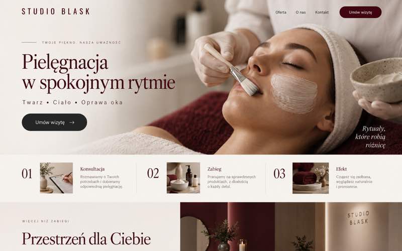 Koncepcja strony salonu kosmetycznego — dokumentalny styl procesu i pracy