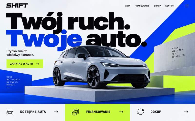 Przykładowy projekt strony salonu samochodowego w odważnym cyfrowym stylu