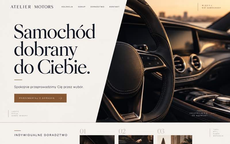 Koncepcja strony salonu samochodowego w eleganckim stylu editorial premium