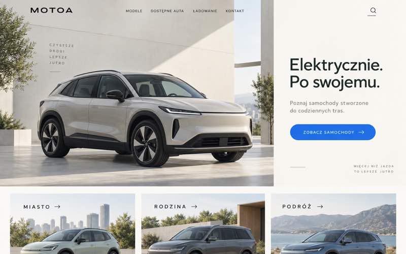Przykładowy projekt strony salonu samochodów elektrycznych w jasnym minimalistycznym stylu
