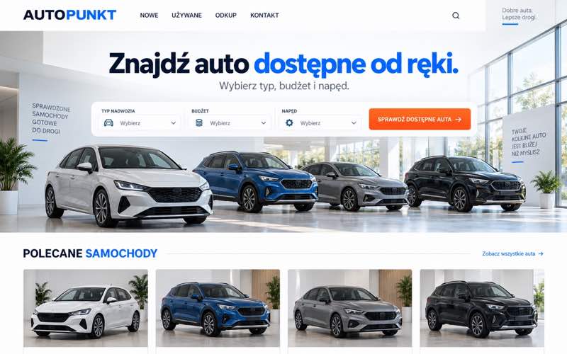 Przykładowy projekt strony salonu samochodowego z czytelnym katalogiem aut od ręki