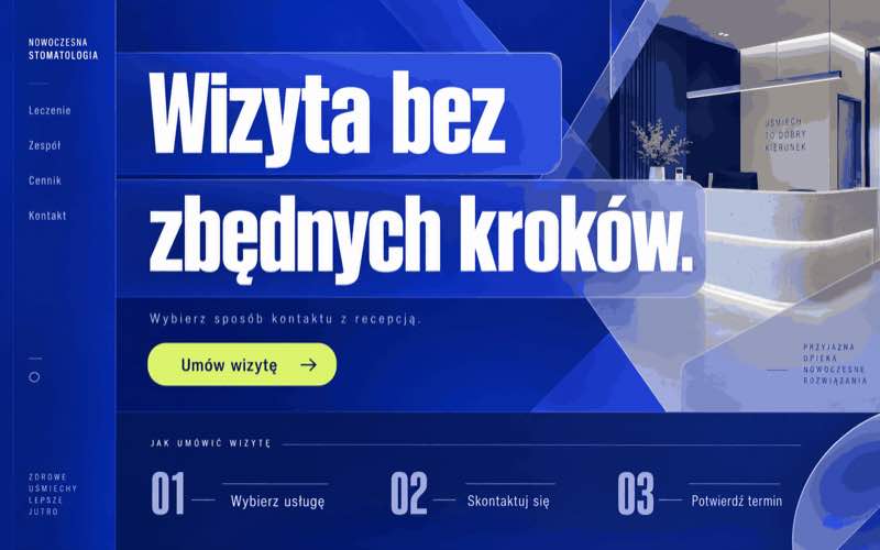 Koncepcja strony gabinetu stomatologicznego z nowoczesną ścieżką rezerwacji