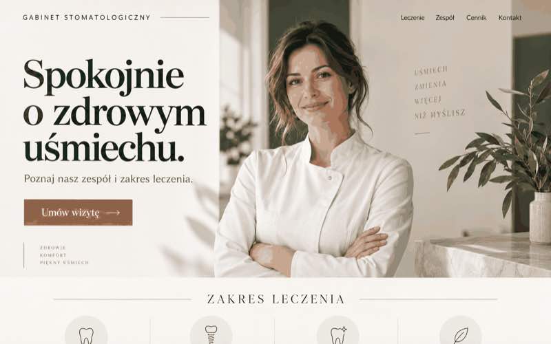 Przykładowy projekt strony gabinetu stomatologicznego w spokojnym stylu editorial premium