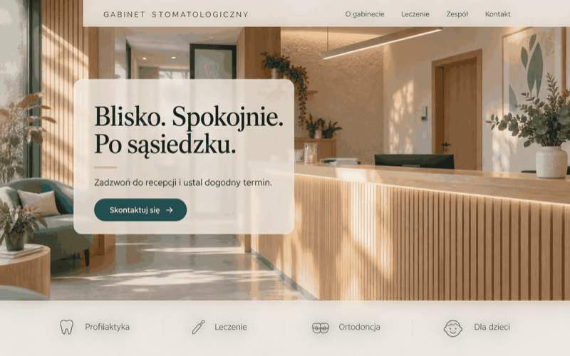 Przykładowy projekt strony lokalnego gabinetu stomatologicznego oparty na fotografii wnętrza