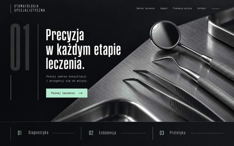 Koncepcja strony specjalistycznego gabinetu stomatologicznego w precyzyjnym stylu technicznym