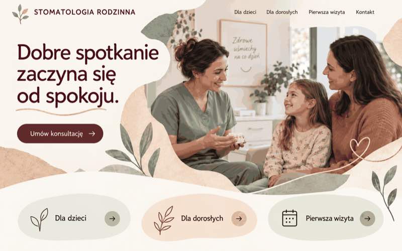 Przykładowy projekt strony rodzinnego gabinetu stomatologicznego w ciepłym stylu