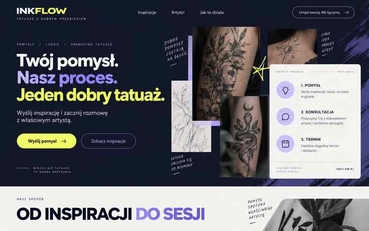 Koncepcja strony studia tatuażu z nowoczesną cyfrową ścieżką zgłoszenia