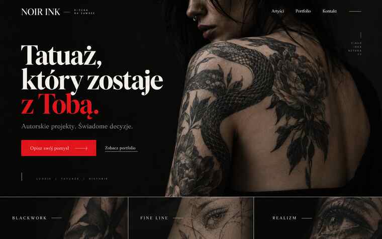 Przykładowy projekt strony studia tatuażu w odważnym stylu lidera kategorii