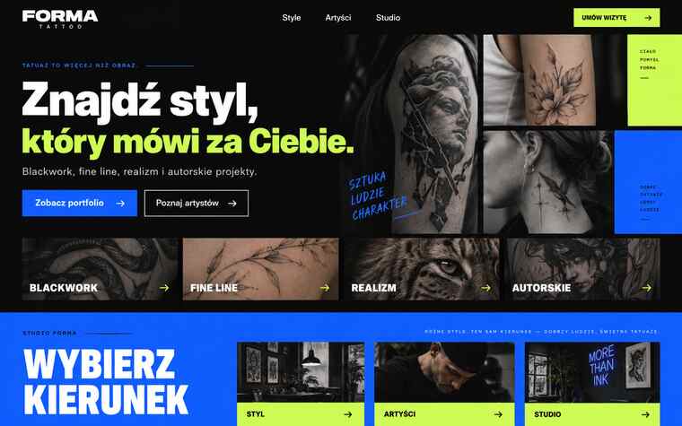 Przykładowy projekt strony studia tatuażu z modularnym portfolio stylów
