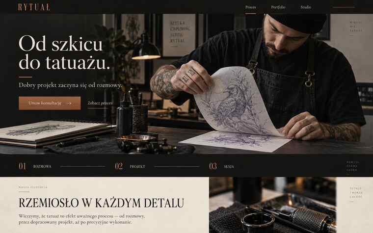 Koncepcja strony studia tatuażu pokazująca rzemiosło i proces projektowy