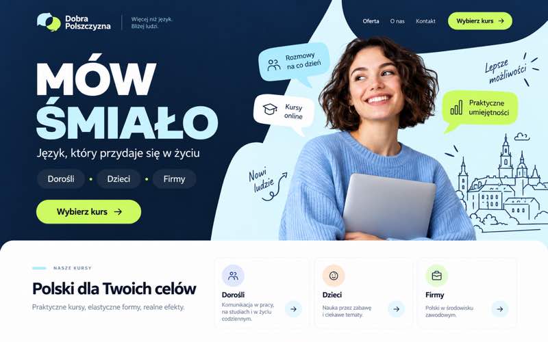 Koncepcja strony szkoły językowej — nowoczesny kierunek cyfrowy