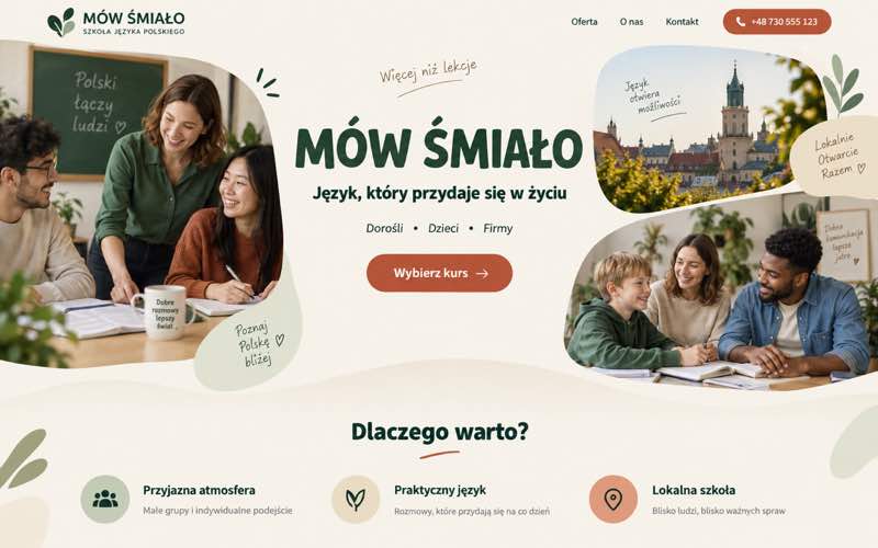 Przykładowy projekt strony szkoły językowej — ciepły lokalny kierunek