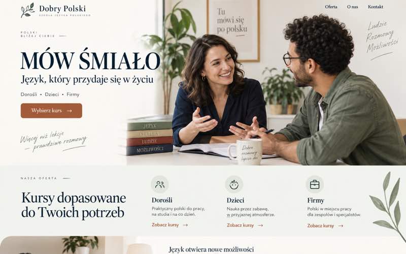 Koncepcja strony szkoły językowej — spokojny styl osobistego eksperta