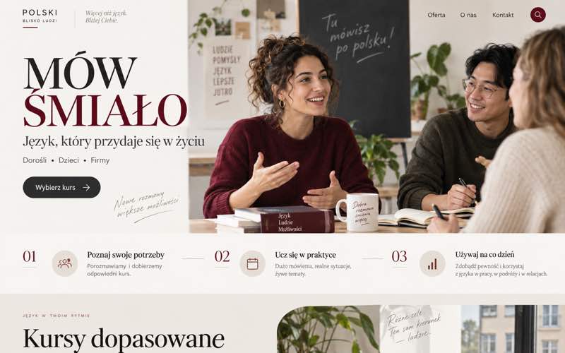 Koncepcja strony szkoły językowej — dokumentalny styl procesu i pracy