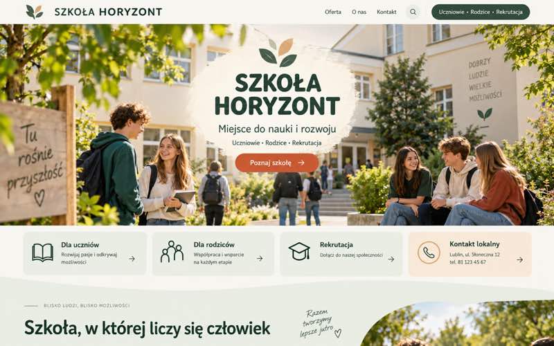Przykładowy projekt strony szkoły — ciepły lokalny kierunek
