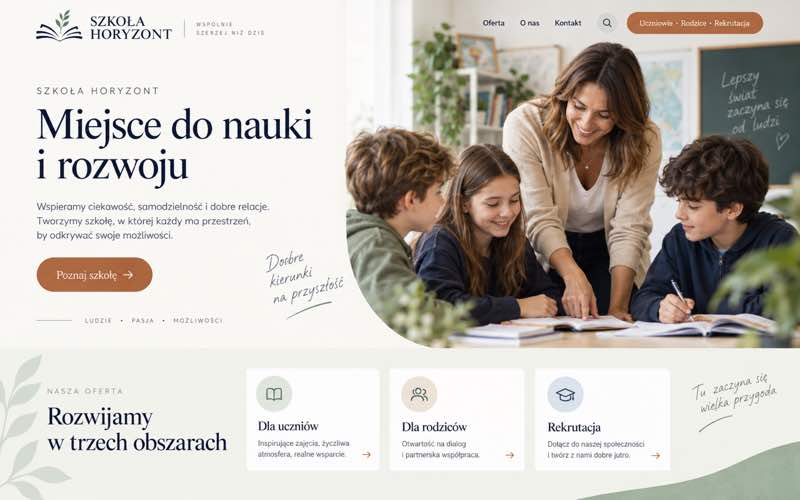 Koncepcja strony szkoły — spokojny styl osobistego eksperta