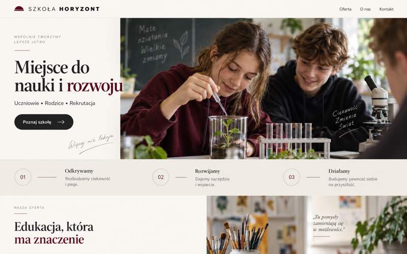 Koncepcja strony szkoły — dokumentalny styl procesu i pracy