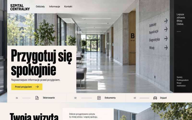 Koncepcja strony szpitala w architektonicznym stylu modernistycznym