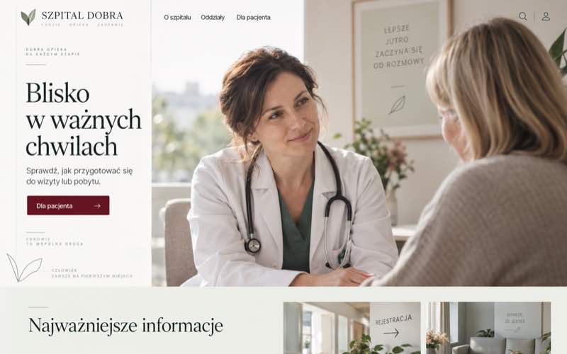 Koncepcja strony szpitala w spokojnym stylu editorialnym