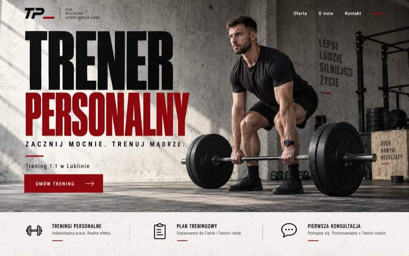 Przykładowy projekt strony trenera personalnego w sportowym stylu brutalistycznym