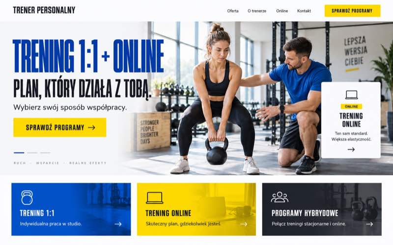Przykładowy projekt strony trenera personalnego z modułową ofertą stacjonarną i online