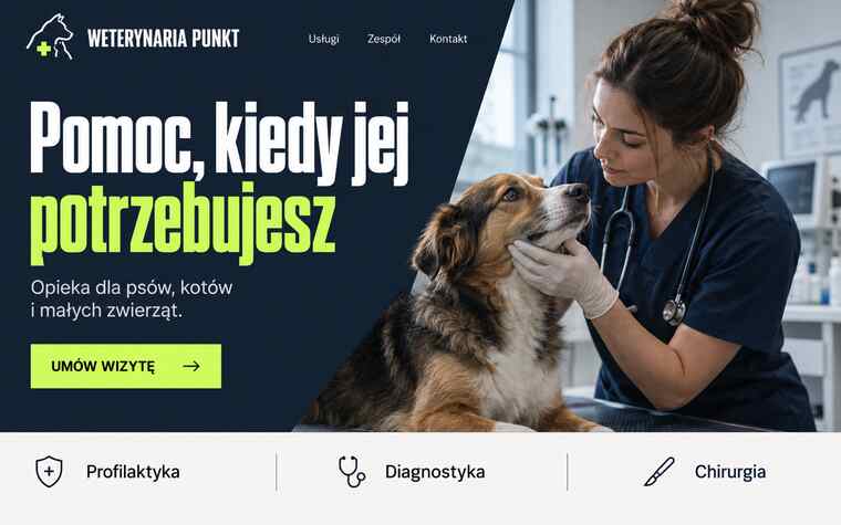Przykładowy projekt strony placówki weterynaryjnej w stylu wyrazistego lidera kategorii