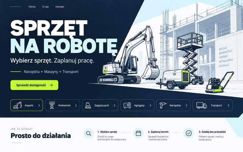 Koncepcja strony wypożyczalni budowlanej — nowoczesny kierunek cyfrowy