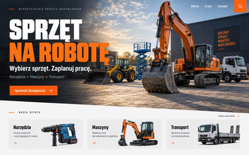 Przykładowy projekt strony wypożyczalni budowlanej — wyrazisty kierunek lidera kategorii