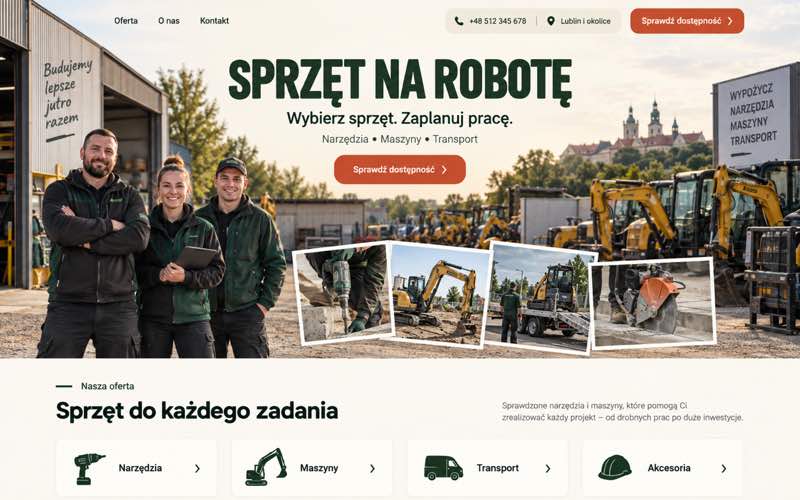 Przykładowy projekt strony wypożyczalni budowlanej — ciepły lokalny kierunek
