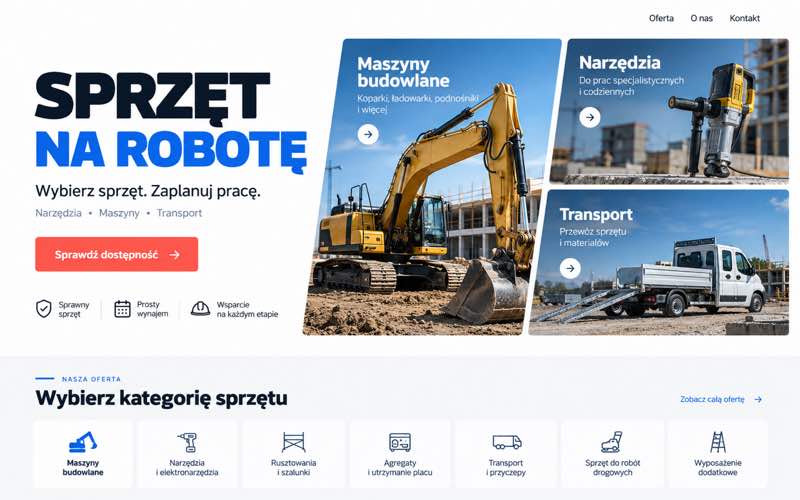 Przykładowy projekt strony wypożyczalni budowlanej — modularna prezentacja oferty
