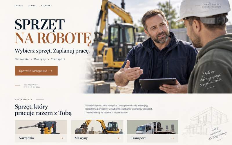 Koncepcja strony wypożyczalni budowlanej — spokojny styl osobistego eksperta